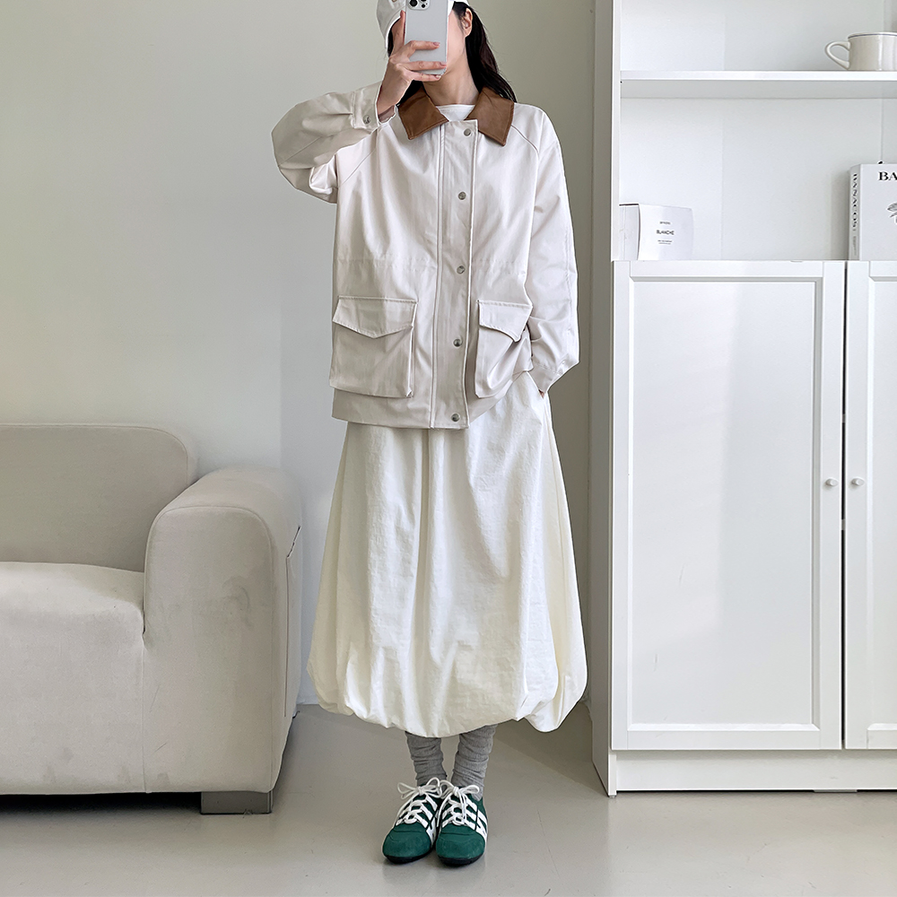 벌룬스커트 바스락 볼륨 주름 밴딩 롱 흰 치마 이미지 7