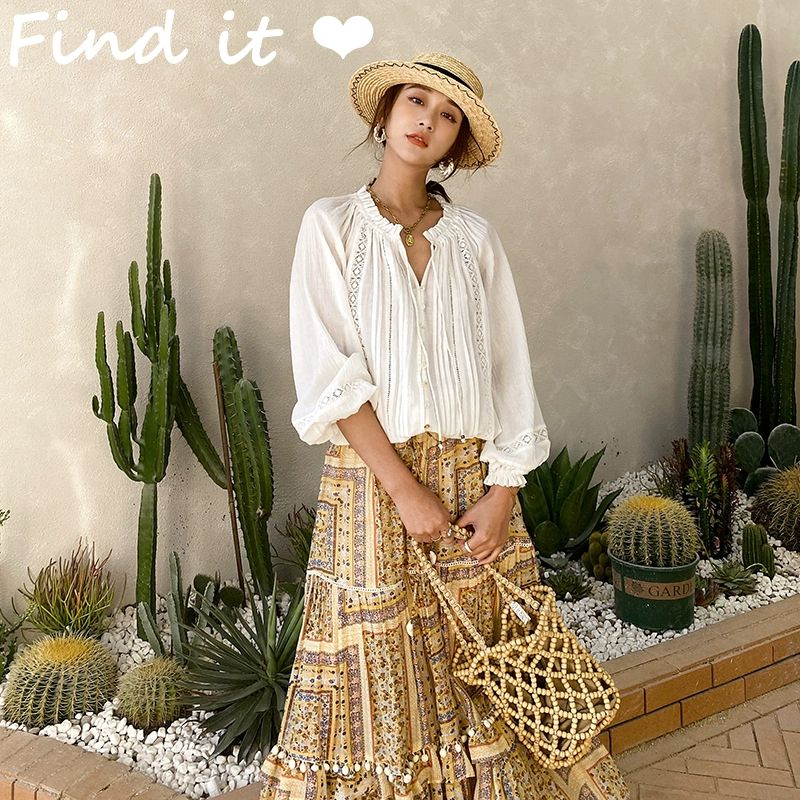 보헤미안 블라우스 에스닉 화이트 여성 셔츠 - 상품 이미지