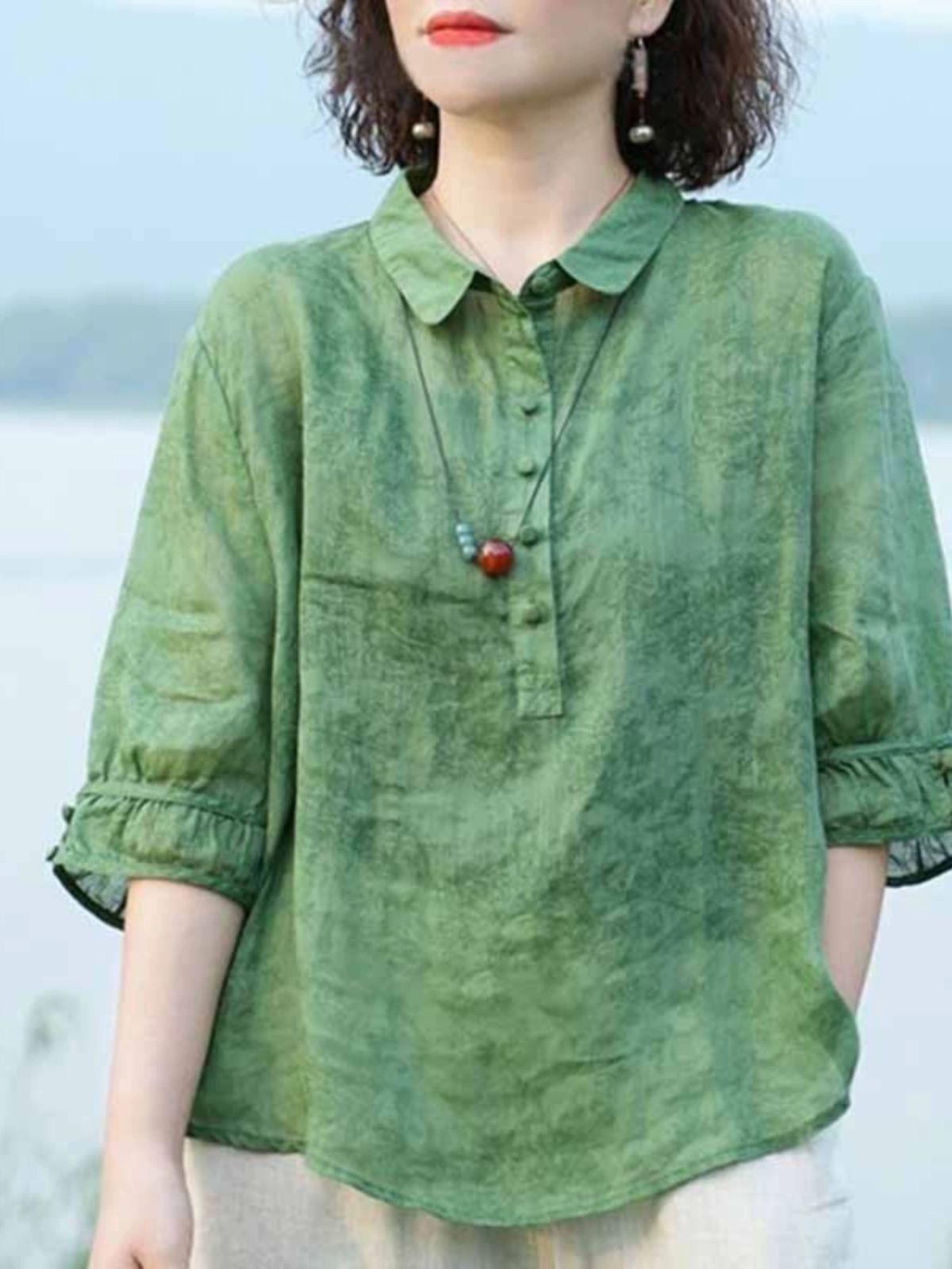 벌룬소매 면마 블라우스 봄여름 반팔 중년 여성 셔츠 - 상세 이미지 4