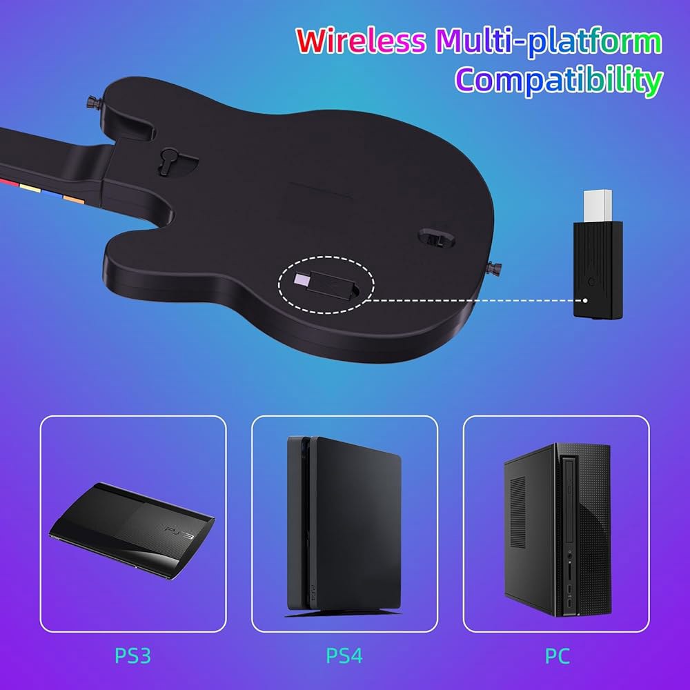 JJDWIN Wireless Guitar Hero Controller with RGB & Strap for Band Rock Dongle,Black PS4/PS3/PC, Fortn - 상세 이미지 3
