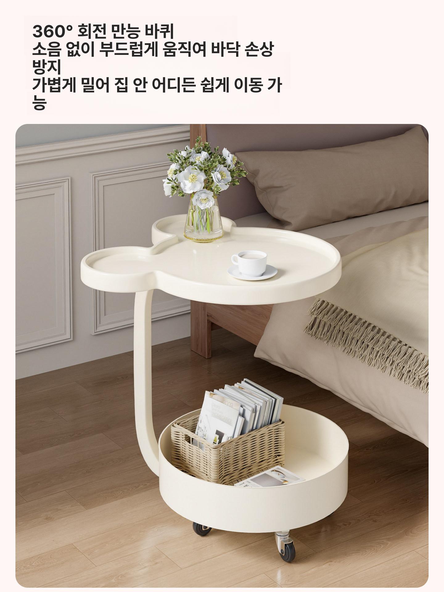 거실 커피테이블 수납 탁자 이동식 선반 미키나무결+흰색섀시 - 상세 이미지 4