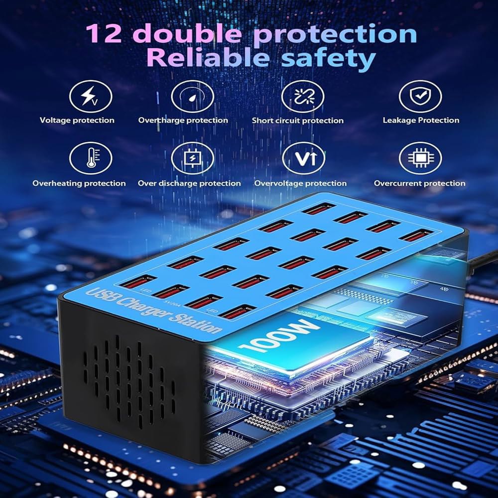 Mvthenxi 100W 20포트 멀티 장치 USB 충전 스테이션 - 스마트폰, 태블릿, 스마트워치 및 기타 전원 장치를 동시에 충전할 수 있습니다. (20포트 충전기 스테이션-블 - 상세 이미지 3