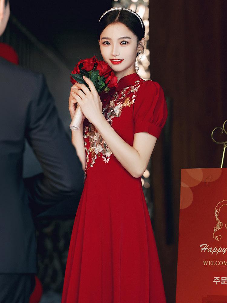 개량 치파오 턱시도 신부 결혼 와인색 약혼 드레스녀 여름 빈티지 차이나 스타일 - 상품 이미지