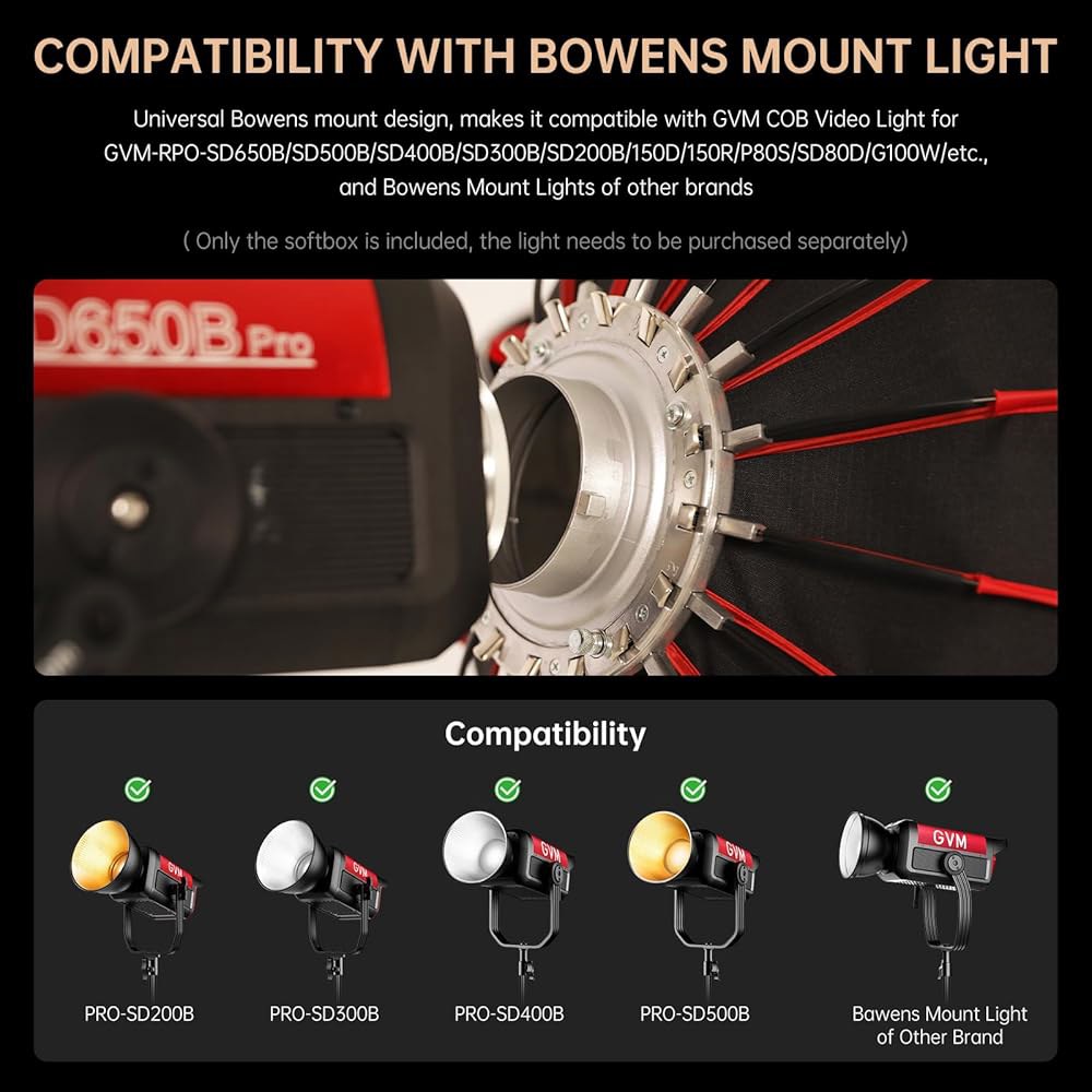 GVM 60cm(24인치) 소프트 박스 조명 스튜디오 마운트, 사진용 라이트, 파라볼릭 보웬스 마운트 릴리즈 및 PRO-SD200B/ 기타 소프트박스 퀵 SD300B/SD400B/ - 상세 이미지 2