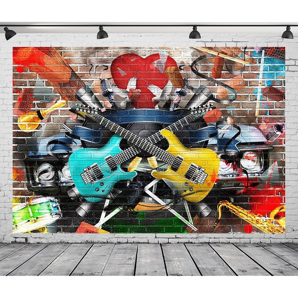 BELECO 2.1x1.5m(7x5피트) 패브릭 로큰롤 기타 배경, 소품 배경 사진 90년대 Phtography 80년대 벽돌 배너 장식, 벽 생일 그래피티 디스코 콘서트 뮤지컬 - 상세 이미지 3