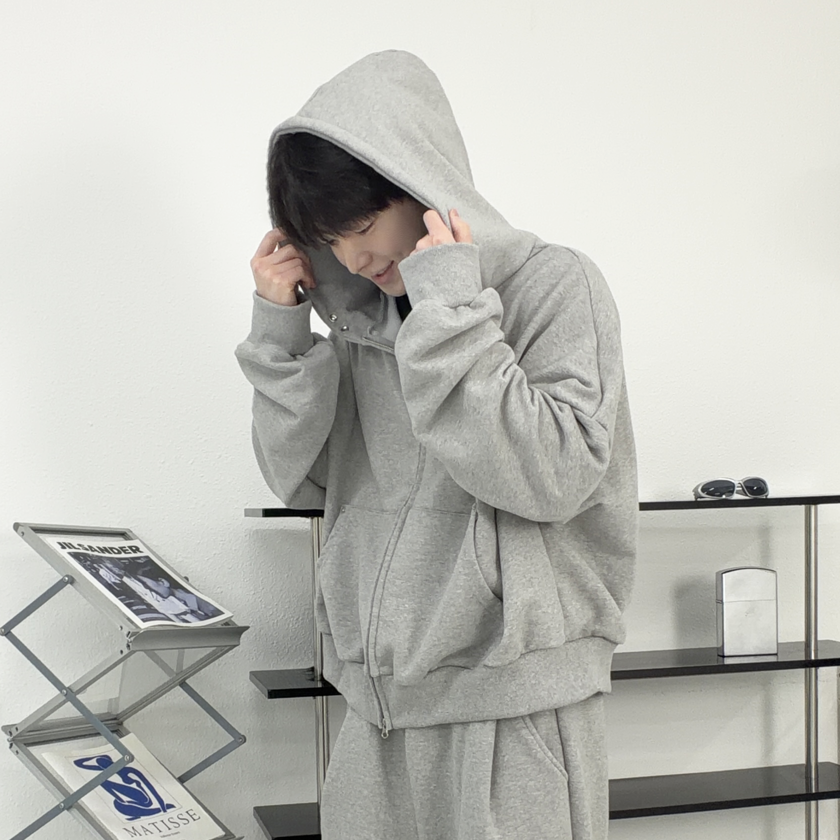 오버핏 투웨이 버튼 후드집업 간절기 데일리 캐주얼 남녀공용 커플후드 셋업 - 상품 이미지
