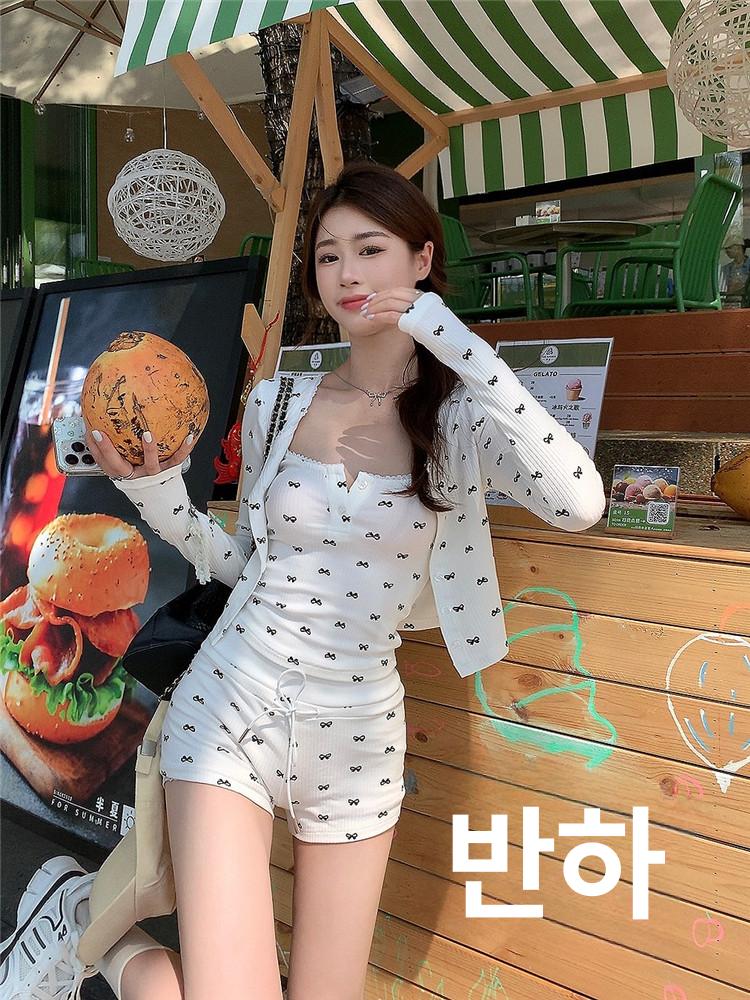 리본패턴 헨리넥 가디건 숏팬츠 나시 지니추 브라캡 쓰리피스 블랙 3피스 - 상세 이미지 5