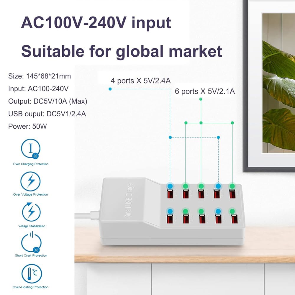 MaxLax USB 충전기 스테이션, 스마트 IC 기술이 적용된 10포트 50W/10A 다중 충전 스마트폰, 태블릿 및 기타 장치용 멀티 포트 - 상세 이미지 3