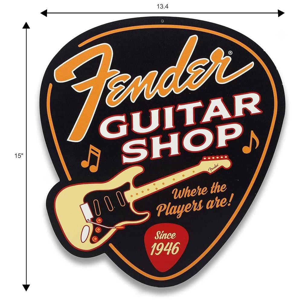 Fender Guitar Shop 피크 모양 남자 동굴용 또는 사인 - 음악실 빈티지 펜더 금속 Black/Red - 상세 이미지 3