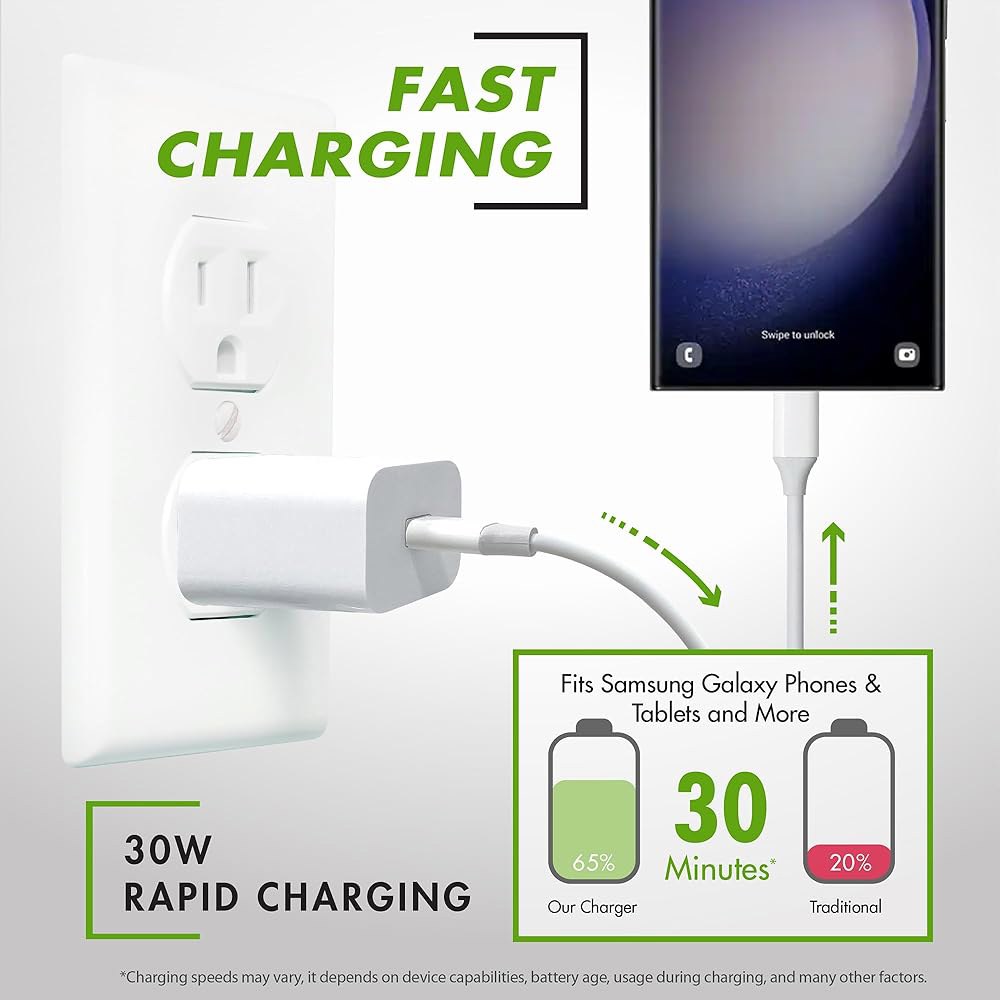 삼성 제품, 휴대폰, 태블릿 및 고속 충전기 장치와 기타 USB-C (1.8m(6피트), 30W 1팩) 케이블, 화이트 호환되는 1 6-Foot - 상세 이미지 2