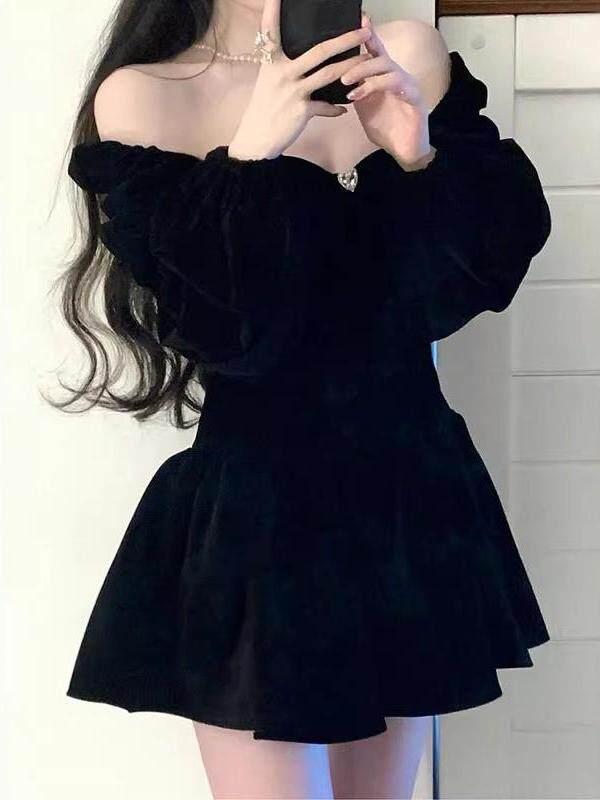 오프숄더 벨벳 미니 드레스 블랙 연말 파티룩 - 상세 이미지 5