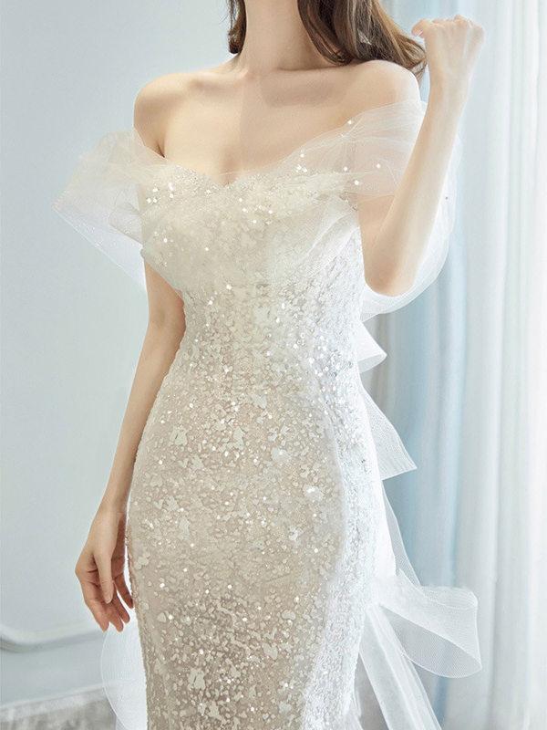 머메이드드레스 웨딩 이브닝 연주회 드레스 인어 라이트 신부 한 어깨 후행 환영 연례 회의 - 상세 이미지 4