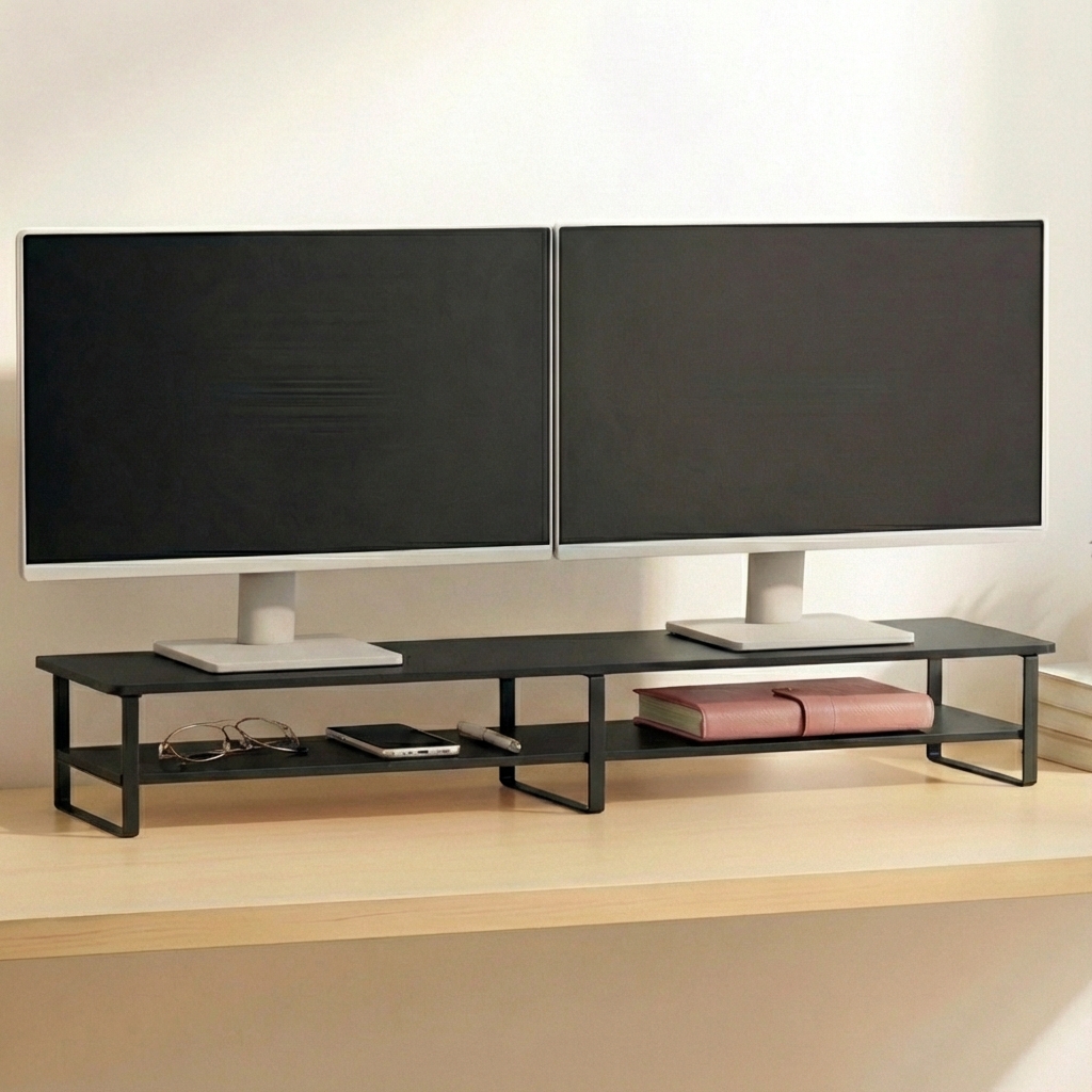 7NC 2단수납형 듀얼 모니터받침대 높은 컴퓨터 받침 선반 책상 우드 1000mm, 블랙