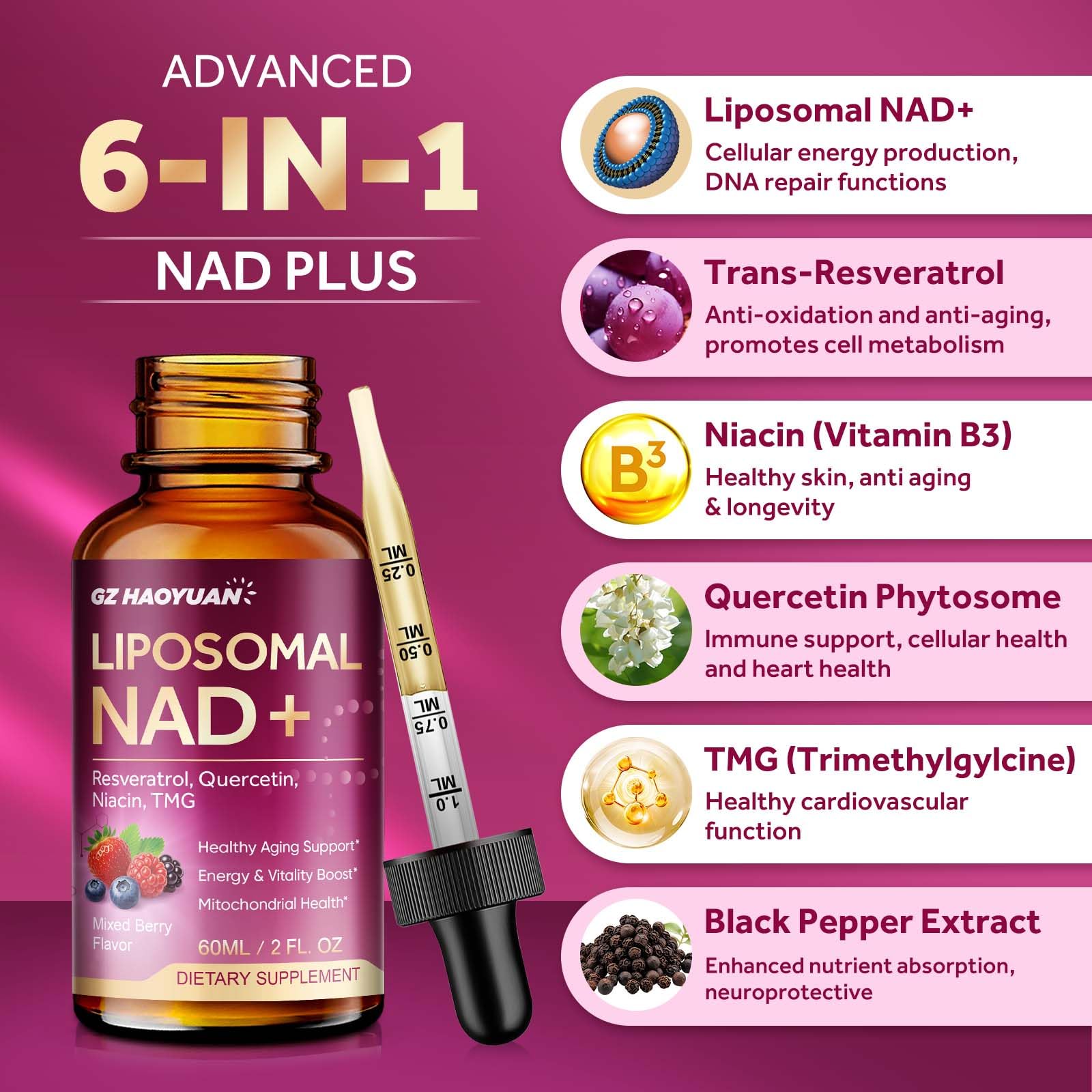 리포좀 NAD 1200mg 액상 니코틴아미드 레스베라트롤 케르세틴 TMG 흑후추 추출물 4 - 상세 이미지 3