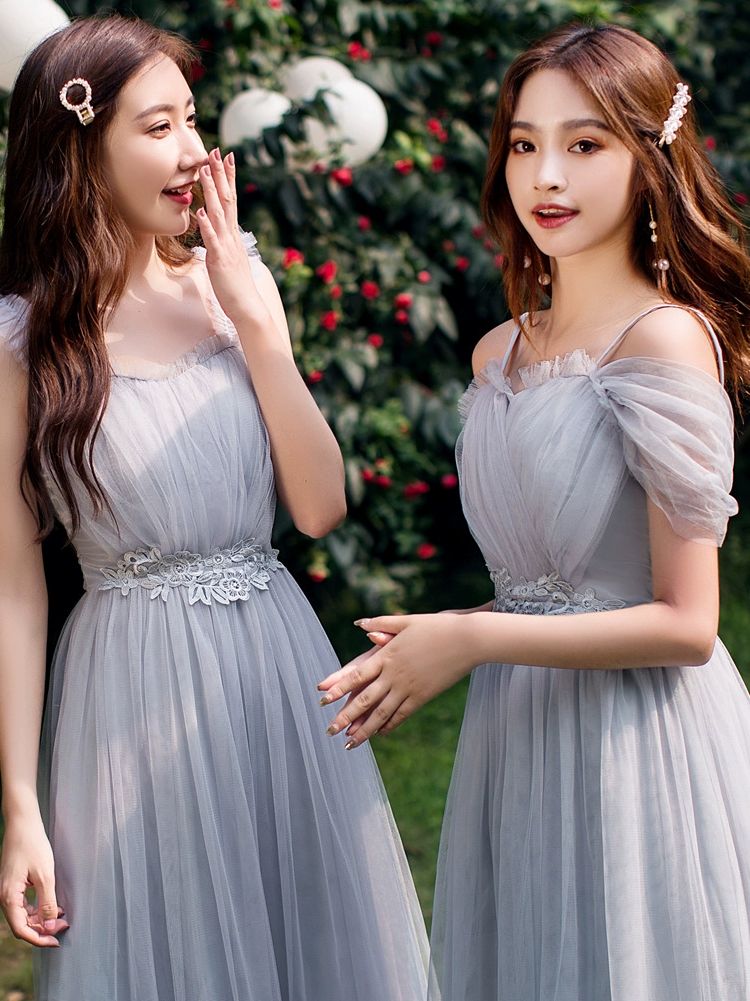 드레스 이브닝파티 원피스 브라이덜샤워 들러리 기념사진 블루그레이 A 버블소매 미드 080 프리사이즈39.0-52.5kg - 상세 이미지 4