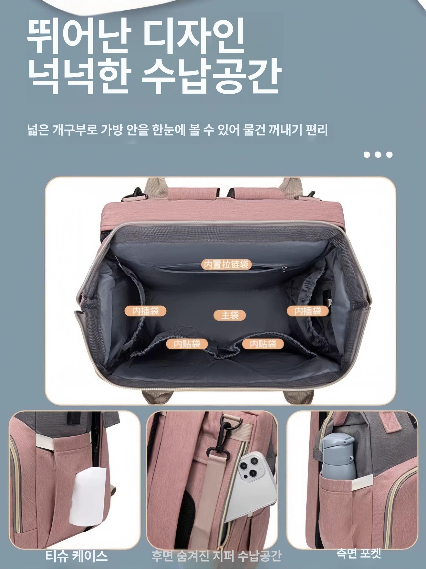 기저귀가방 백팩 아기 침대 겸용 외출 휴대용 출산 배낭 유모차 기저귀가방백팩 가방 방수 - 상세 이미지 2