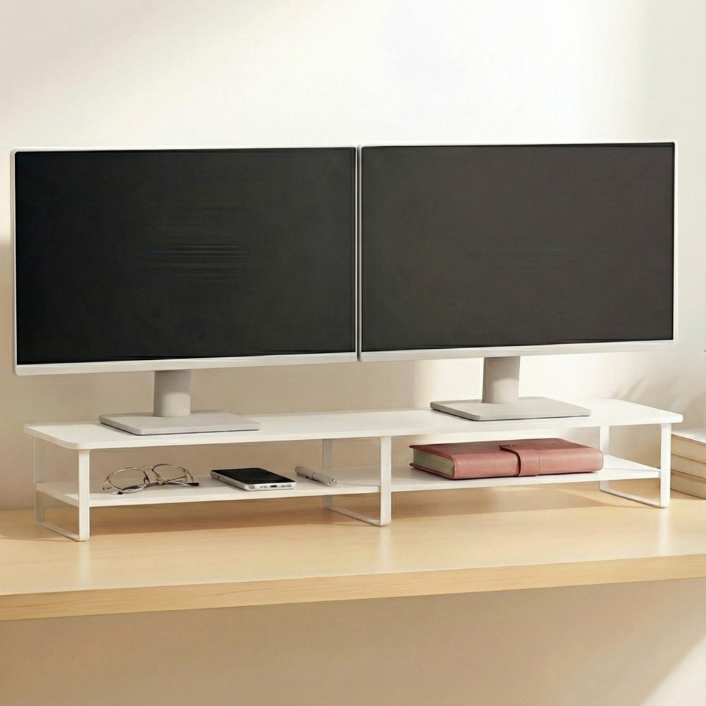 7NC 2단수납형 듀얼 모니터받침대 높은 컴퓨터 받침 선반 책상 우드 1000mm, 화이트