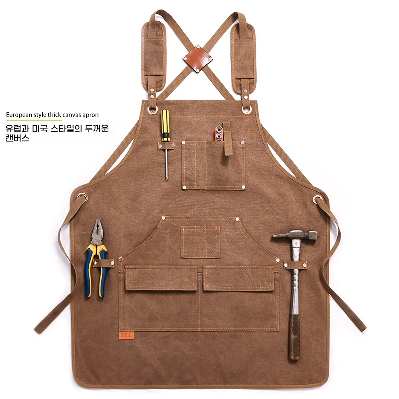 미용 남성 앞치마 여성 바버샵 가죽 빈티지 바리스타 공방 캔버스 A. 성인용 노란색발수원단 - 상품 이미지