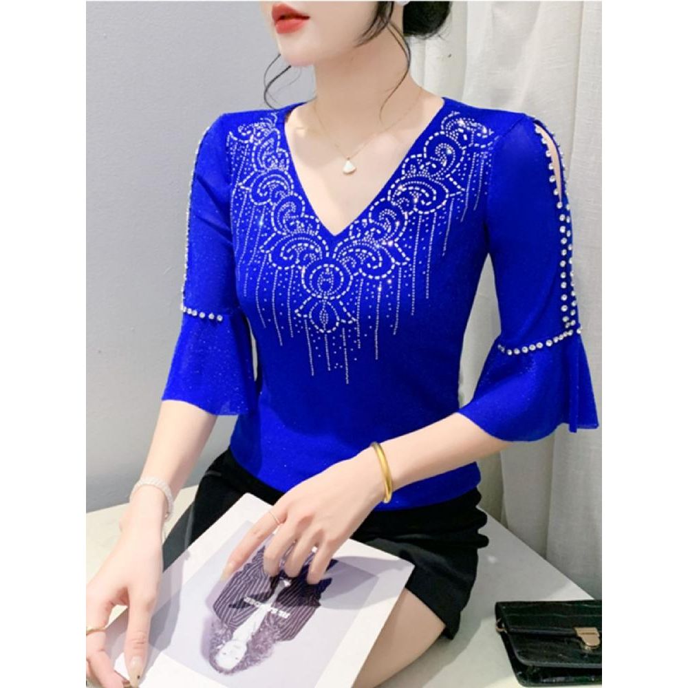 블루 라틴 라인댄스복 칠부 상의 왈츠 티셔츠 나팔 소매 파란색 여름 탱고 댄스 자이브 - 상품 이미지