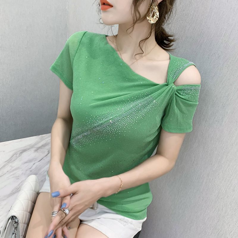 라인댄스복 오프숄더 반팔 자이브 상의 댄스복 줌바 라틴 왈츠 탱고 티셔츠 큐빅 - 상세 이미지 2