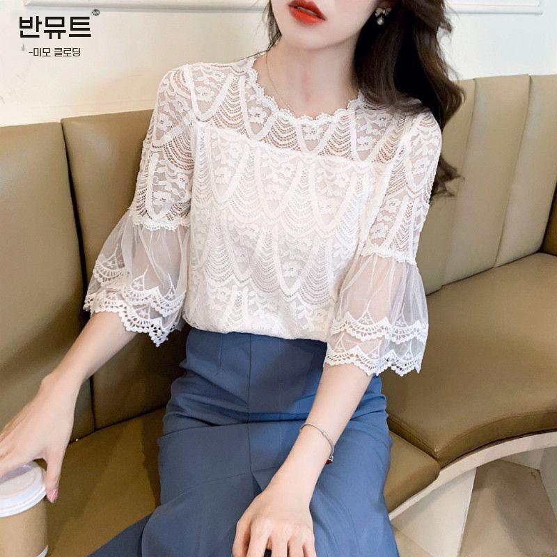 흰색 라틴 댄스복 살사 티셔츠 레이스 나팔소매 블라우스 줌바 칠부 라인댄스복 왈츠 쉬폰 - 상세 이미지 3