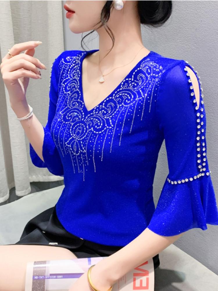 블루 라틴 라인댄스복 칠부 상의 왈츠 티셔츠 나팔 소매 파란색 여름 탱고 댄스 자이브 - 상세 이미지 4