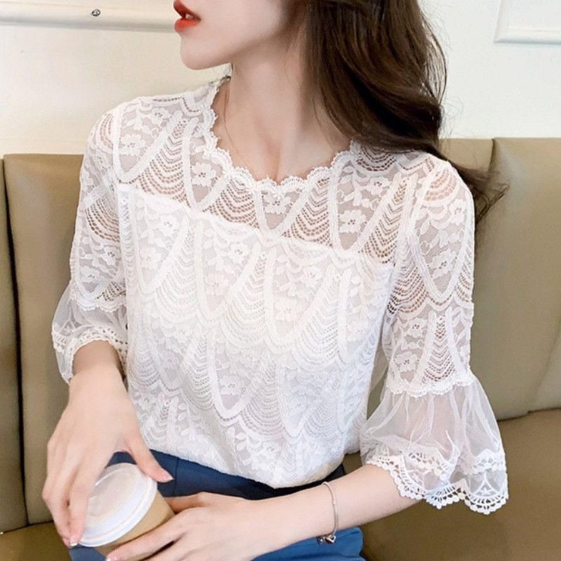 흰색 라틴 댄스복 살사 티셔츠 레이스 나팔소매 블라우스 줌바 칠부 라인댄스복 왈츠 쉬폰 - 상품 이미지