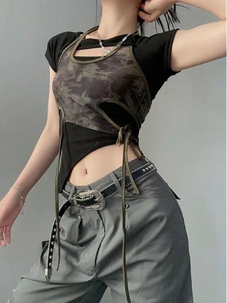 방송댄스복 크롭티 홀터넥 레이어드 댄스 티셔츠 스트링 상의 밀리터리 - 상세 이미지 3