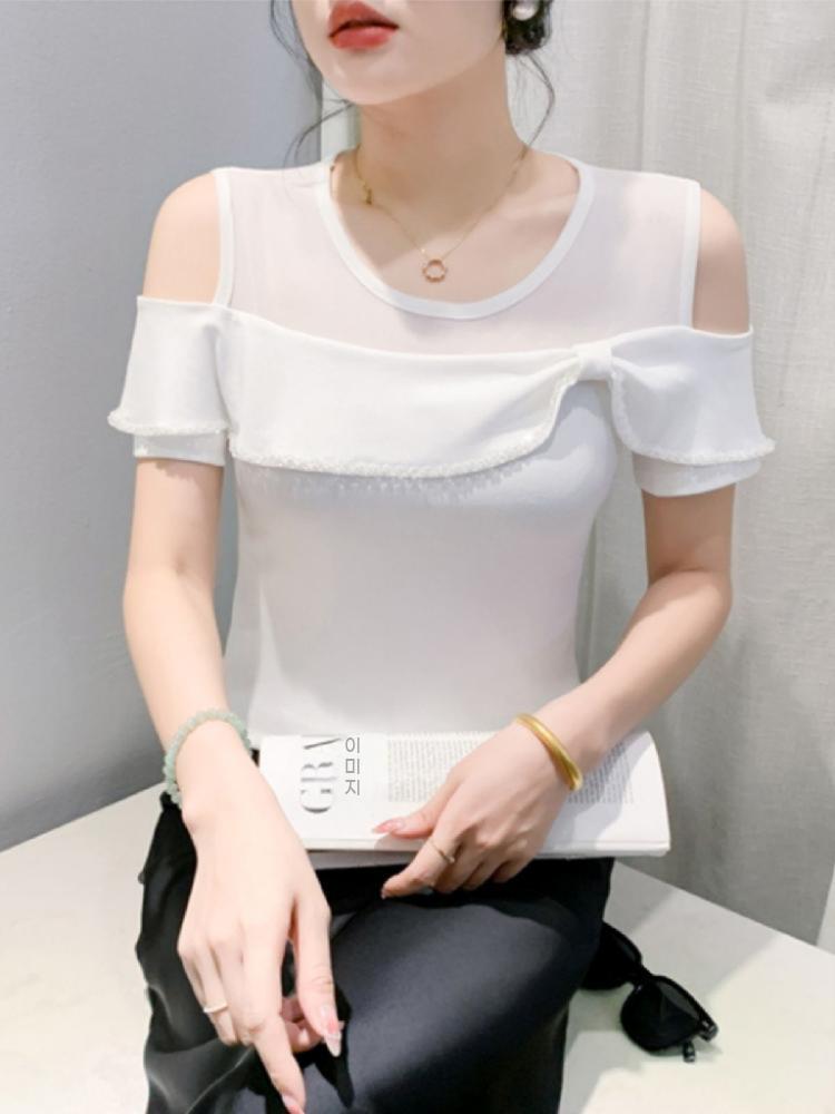 블랙 상의 티셔츠 의상 에어로빅 여름 반팔 재즈 라인댄스 오프숄더 - 상세 이미지 2