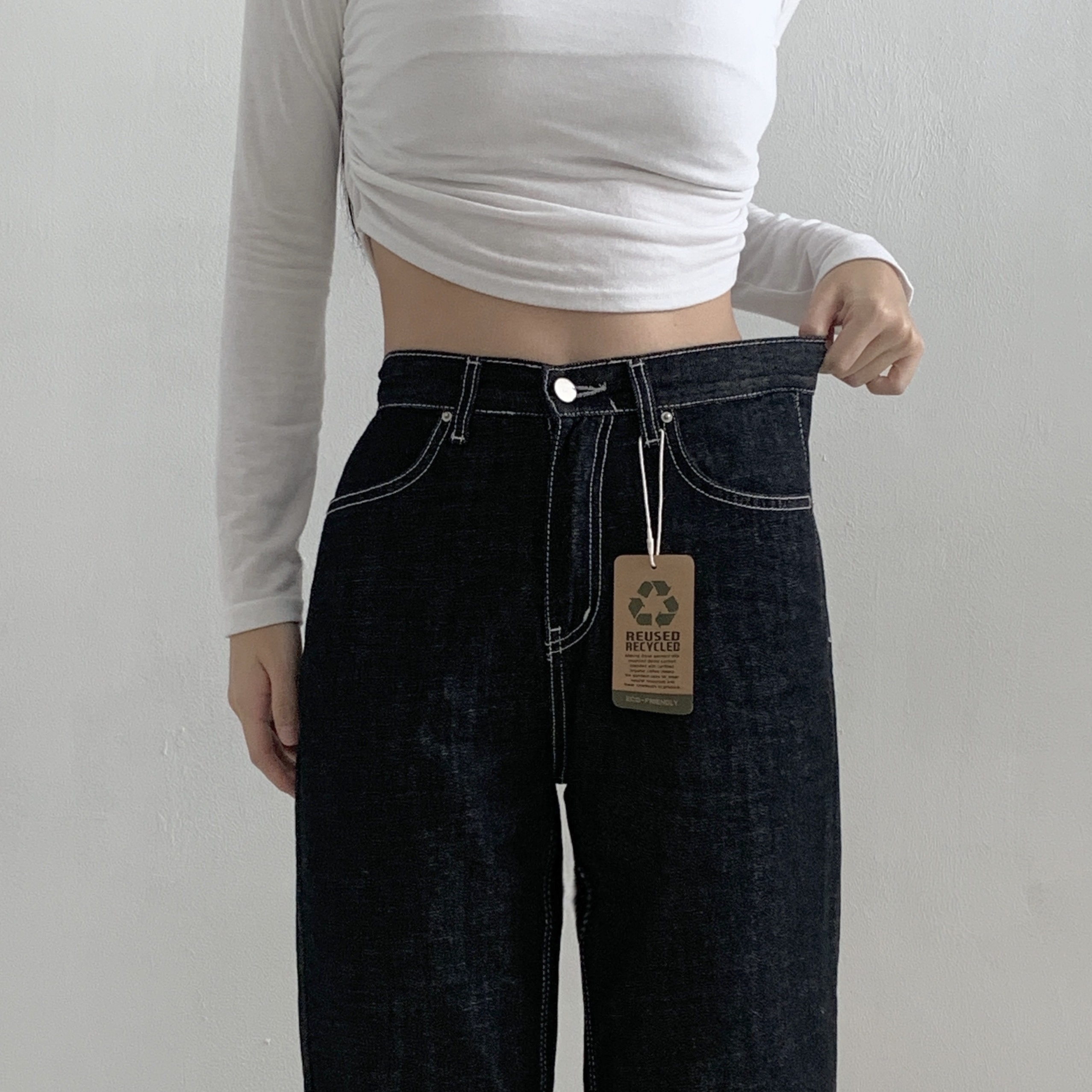 여성 봄 흑청 물빠짐 적은 세미와이드 청바지 논페이드 뒷밴딩 데일리 데님팬츠(S-XL) - 상세 이미지 5