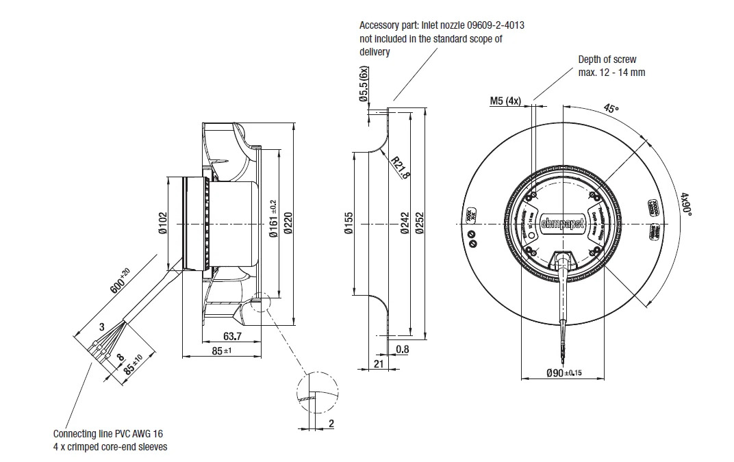 R2E220-AA40-71/B8/80/23/25/A5/59 220MM 230V 원심 블로워 팬
