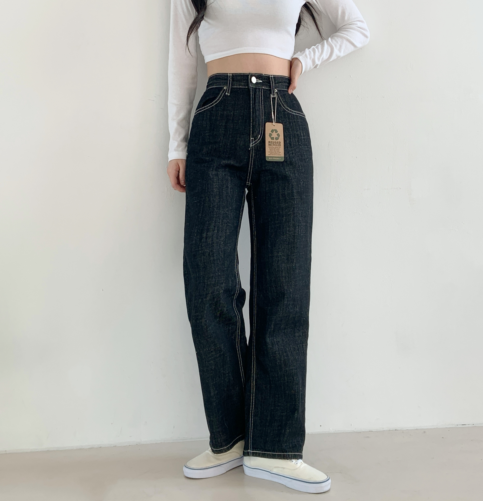 여성 봄 흑청 물빠짐 적은 세미와이드 청바지 논페이드 뒷밴딩 데일리 데님팬츠(S-XL) - 상품 이미지