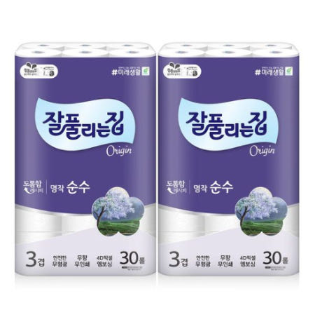 잘풀리는집 3겹 명작순수 화장지, 30m, 30롤, 2개