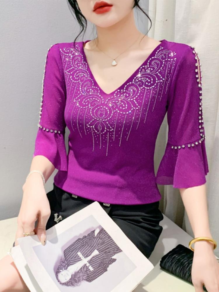 블루 라틴 라인댄스복 칠부 상의 왈츠 티셔츠 나팔 소매 파란색 여름 탱고 댄스 자이브 - 상세 이미지 2