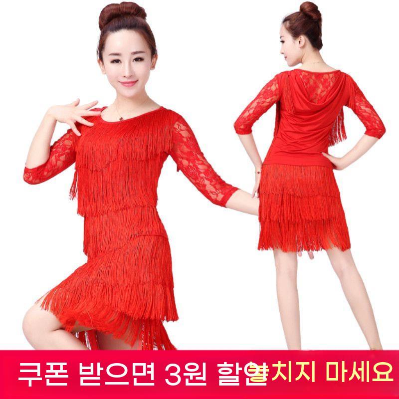 라인댄스복 수술 의상 단체복 라인 공연 치마 댄스 빨간색 레드 살사댄스복 - 상세 이미지 3