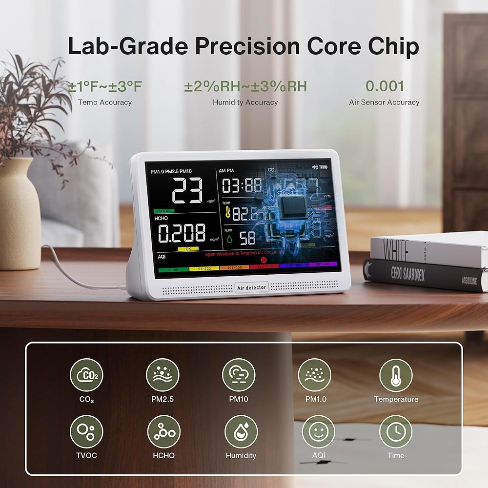 보녹 16 in 1 공기질 모니터 실내 7인치 디스플레이 9 AQI+7 AQI 경고, CO2 테스트기 CO2, TVOC, PM2.5 PM1.0 PM10, HCHO 온도 습도 및 - 상세 이미지 2