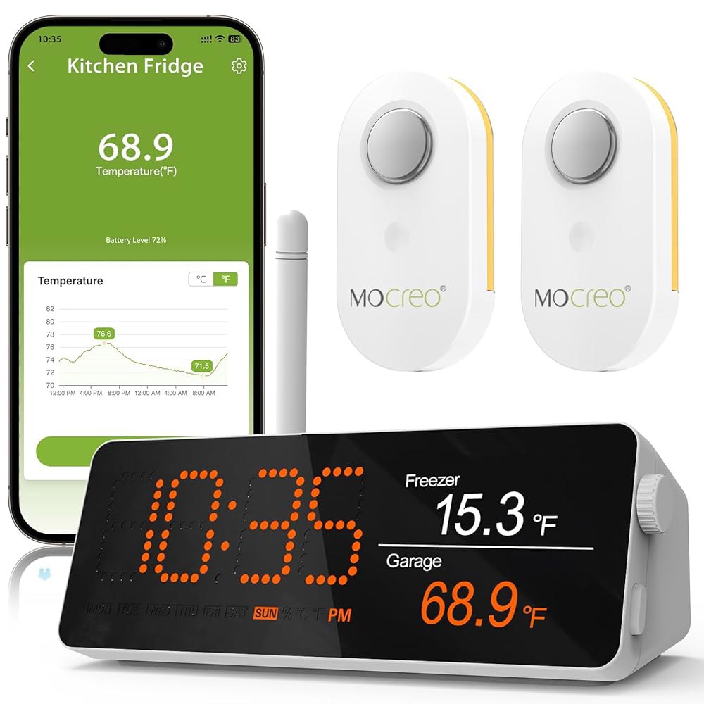 MCOREO WiFi 원격 온도계 냉동고 알람, 1/3마일 장거리, IP66 방수, 앱 이메일 알림, 디지털 모니터 허브, 냉장고용 스마트 무선 온도 센서 2개, RV, 온실 포함 - 상품 이미지