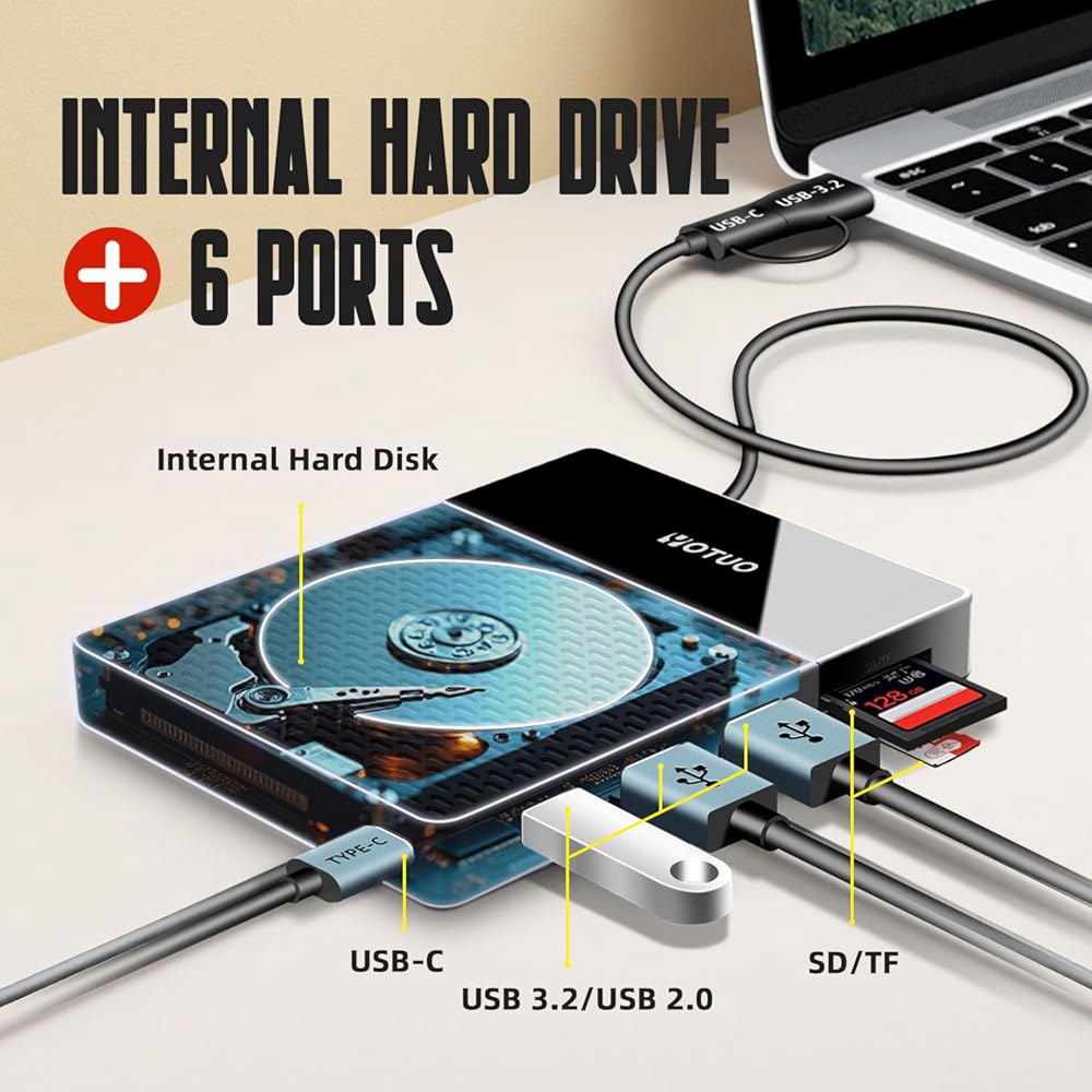 YOTUO 1TB 외장 하드 드라이브, USB C 멀티포트 허브 HDD 7-in-1, 3.0, SD /TF 카드 리더, 도킹 스테이션, Windows, Mac, Android, - 상세 이미지 3