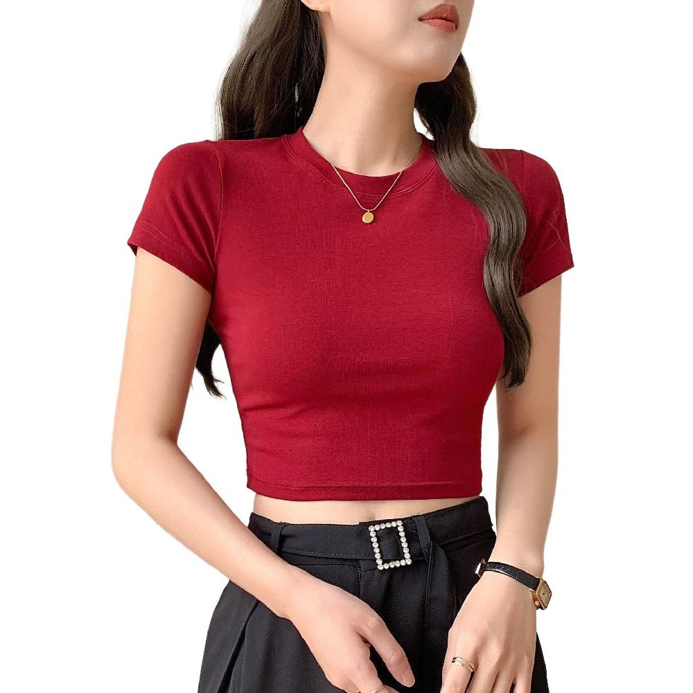 레드 크롭 슬림핏 반팔 티셔츠 여름 신상 탑 슬림 - 상품 이미지