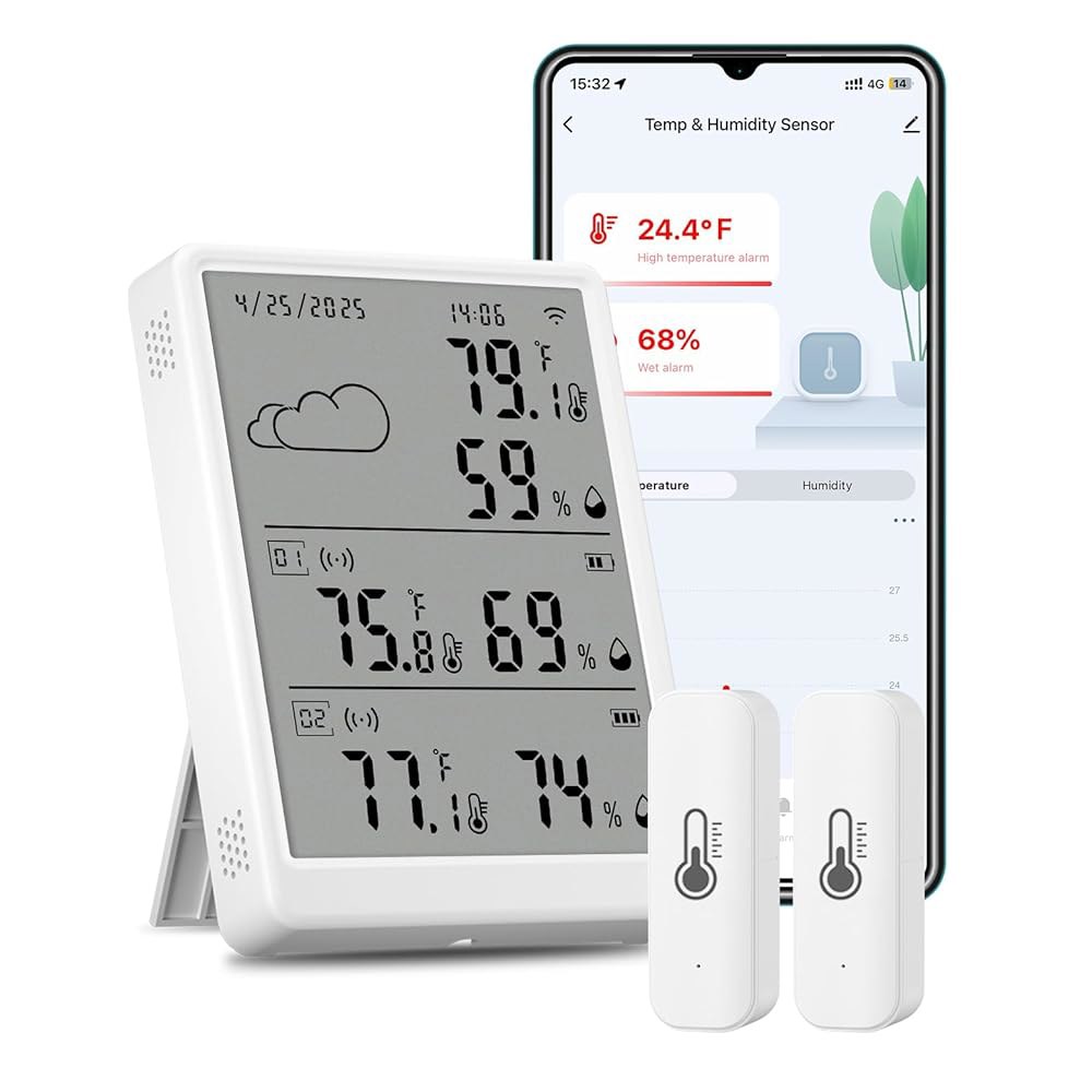 WiFi 습도계 온도계 3팩, 무선 센서 실내 키트 2개 포함 디지털 스마트 온도 습도 모니터, 382피트 범위 RF 리모컨 - 상품 이미지