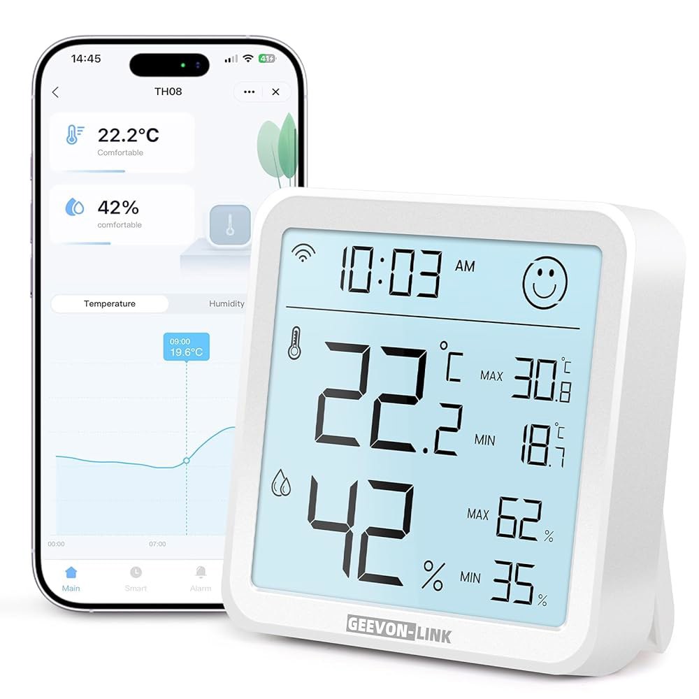 GEVON-LINK WiFi 실내 습도계 온도계, 대형 LCD 디스플레이가 장착된 스마트 디지털 블루투스 습도 최대 최소 기록 알림, 1년간의 데이터 저장 공간 수출 - 상품 이미지