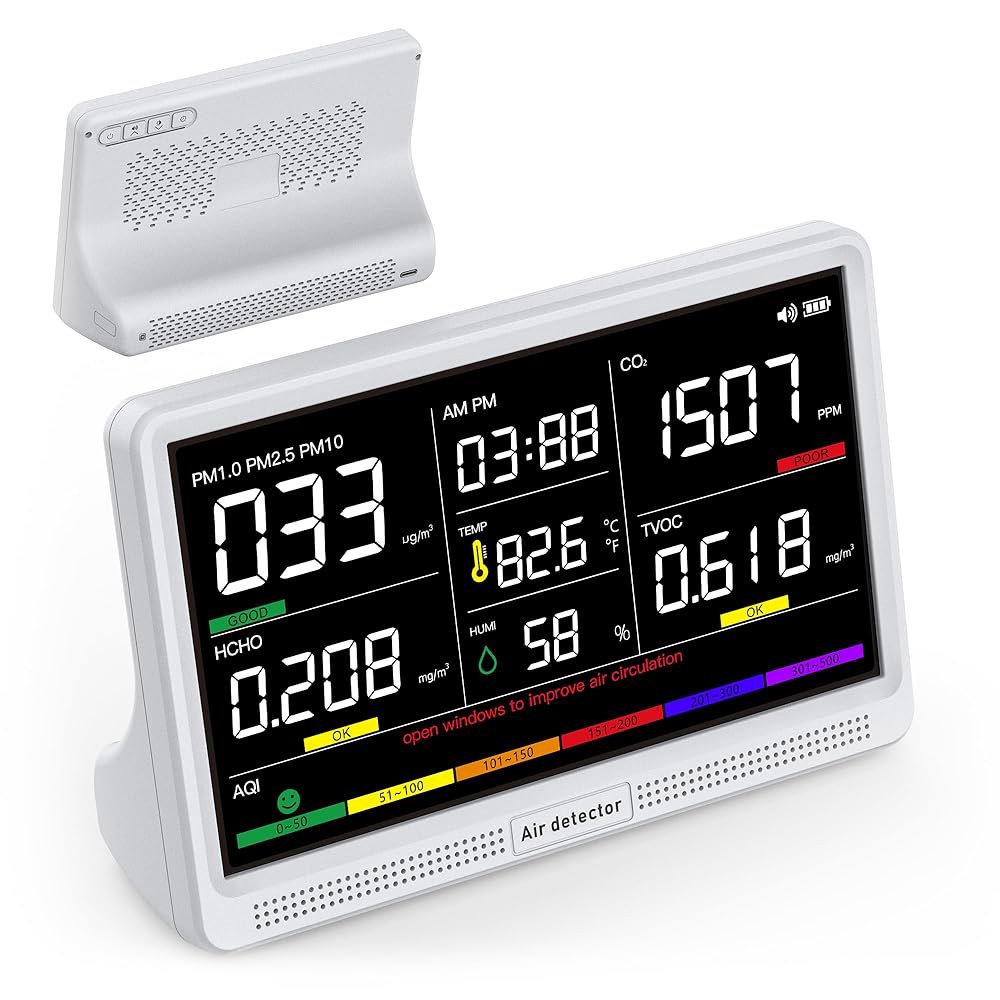 보녹 16 in 1 공기질 모니터 실내 7인치 디스플레이 9 AQI+7 AQI 경고, CO2 테스트기 CO2, TVOC, PM2.5 PM1.0 PM10, HCHO 온도 습도 및 - 상품 이미지