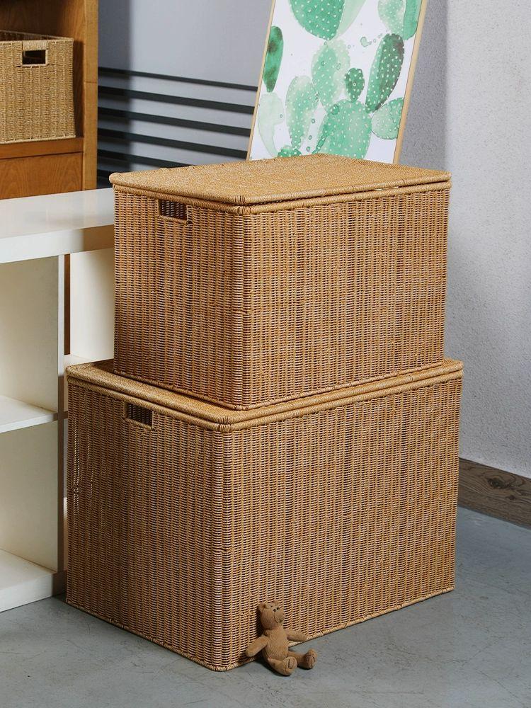 사각 수납바구니 뚜껑 수납함 팬트리 보관함 빨래 대형 브라운44 x 30 x 29cm 인조 라탄 - 상세 이미지 2