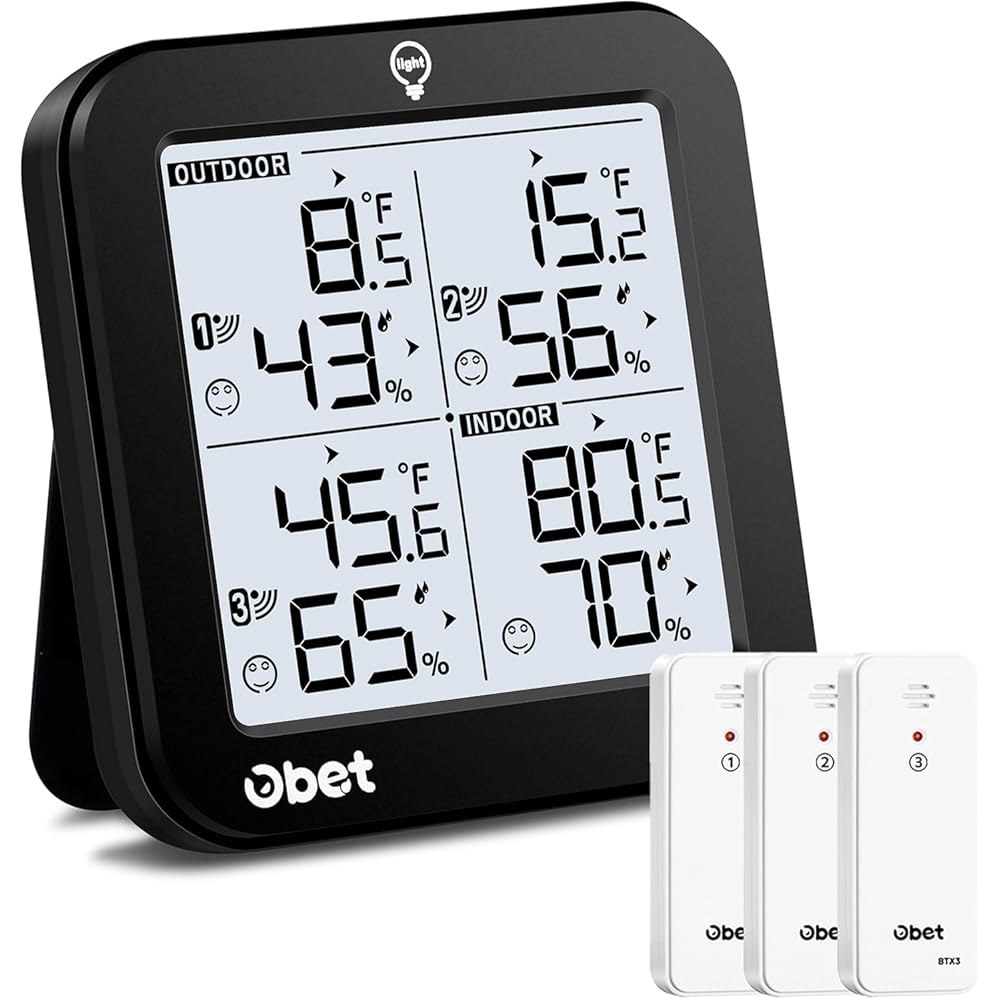 3개의 센서가 장착된 OBET 실내 실외 온도계 무선 기상 관측소 온도 습도 모니터 500피트 범위 및 조절 가능한 백라이트와 최소 최대 데이터 블랙 Black - 상품 이미지