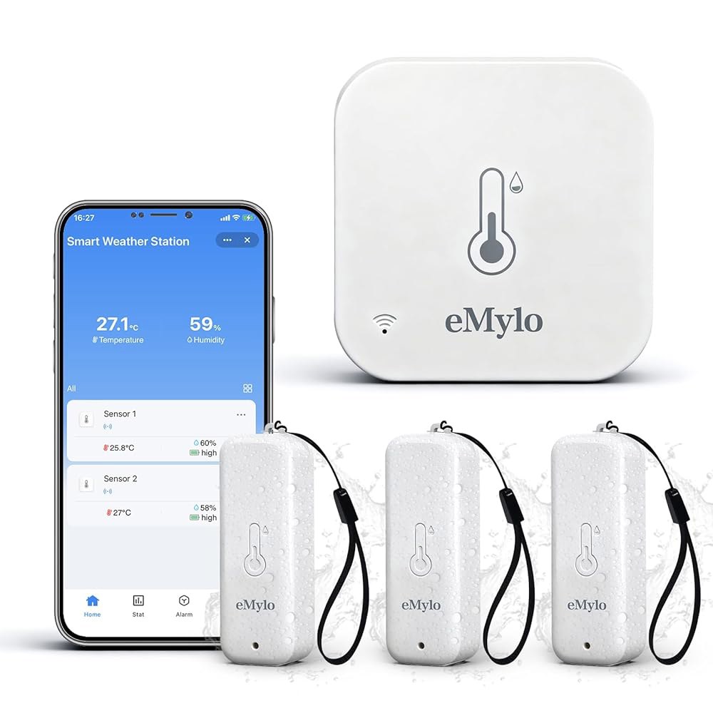 eMylo WiFi 온도계 습도계 4팩, 3개의 실외 무선 센서 키트가 포함된 IP65 실내 스마트 온도 습도 모니터, APP 알림 알림, 무료 데이터 저장 내보내기, 492피트 - 상품 이미지