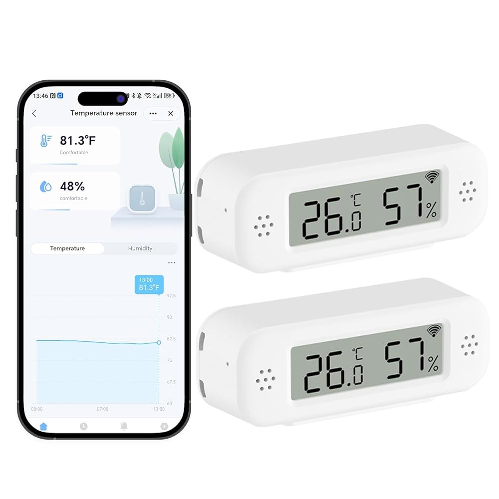 eMylo WiFi 온도계 습도계 센서, 앱 알림이 포함된 스마트 무선 실내 온도 습도 모니터, 무료 데이터 저장 내보내기, 홈룸 반려동물 온실용, Alexa와 호환, 2 PCS - 상품 이미지