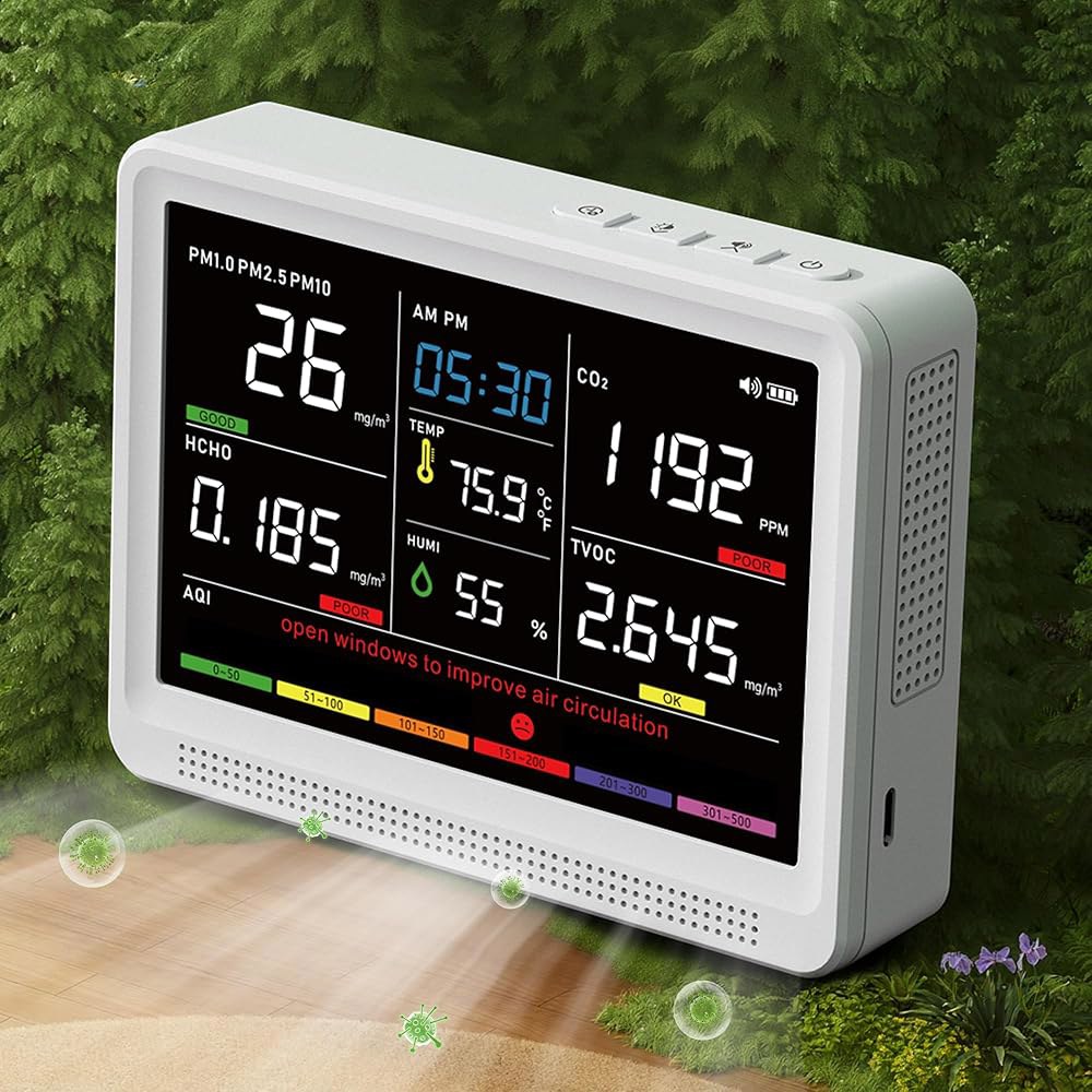 보녹 16 in 1 공기질 모니터 실내 10시간 배터리 및 5.5인치 디스플레이 9 AQI +7 경고, CO2 모니터, 테스트기, TVOC PM2.5 PM1.0 PM10 HCHO - 상품 이미지