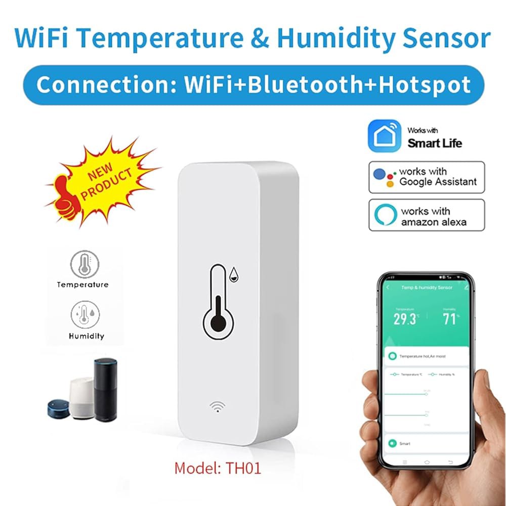 WiFi 습도 온도 모니터 원격 모니터링 및 알림을 위한 스마트 습도계 온도계, TUYA 앱을 사용한 고정밀 실내 허브 필요 없음, Alexa(1팩)와 호환 가능 1-Pack - 상세 이미지 2