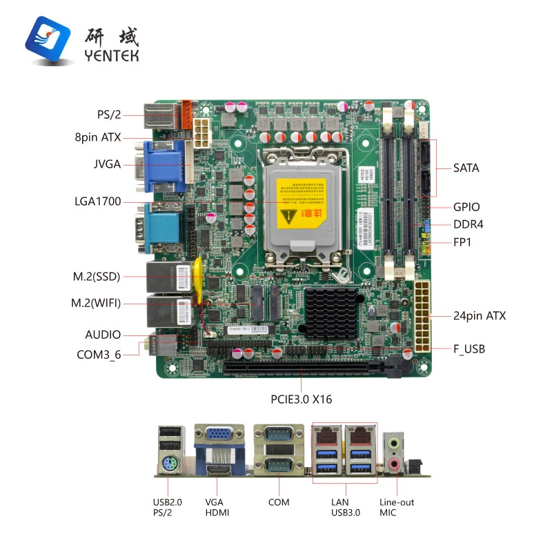 YENTEK H610 고속 칩셋 LGA1700 DDR4 2 SATA3.0 VGA HD 6 RS232 COM LAN 산업임베디드 미니 Itx 마더보드