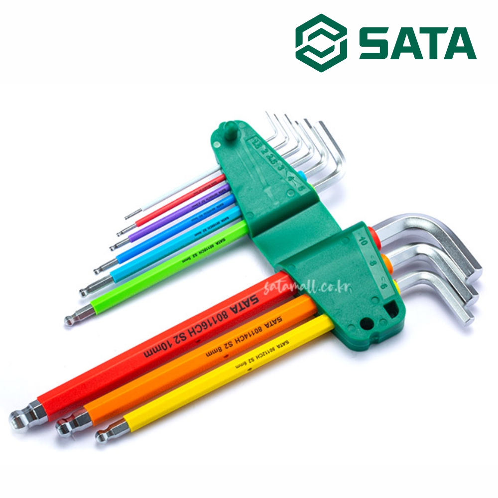 사타 SATA 컬러 엑스트라 롱 볼 렌치 세트 9PCS 09101CH 기억자랜찌 - 상품 이미지